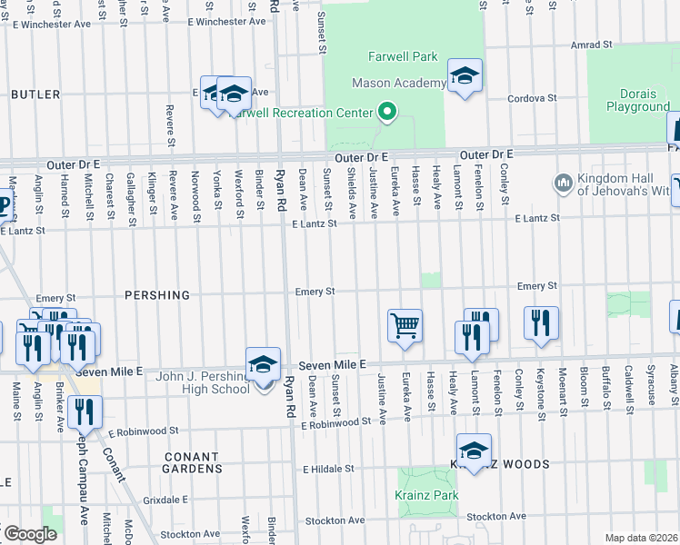 map of restaurants, bars, coffee shops, grocery stores, and more near 19354 Sunset Street in Detroit