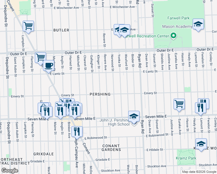 map of restaurants, bars, coffee shops, grocery stores, and more near 19351 Revere Street in Detroit