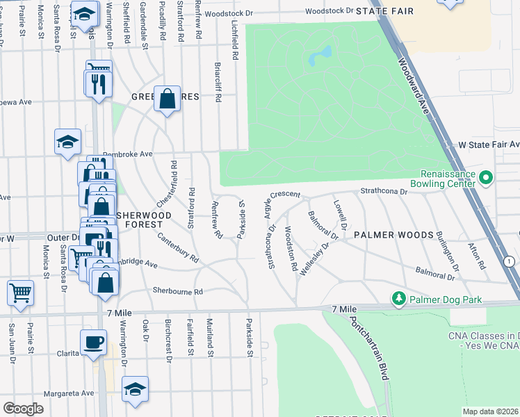 map of restaurants, bars, coffee shops, grocery stores, and more near 19451 Argyle Crescent in Detroit