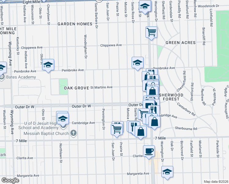 map of restaurants, bars, coffee shops, grocery stores, and more near 19480 San Juan Drive in Detroit
