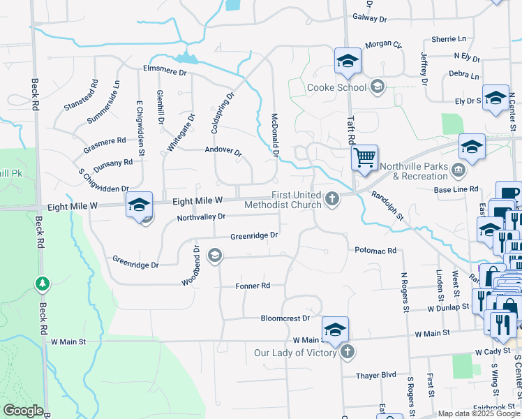 map of restaurants, bars, coffee shops, grocery stores, and more near 45986 Northvalley Drive in Northville