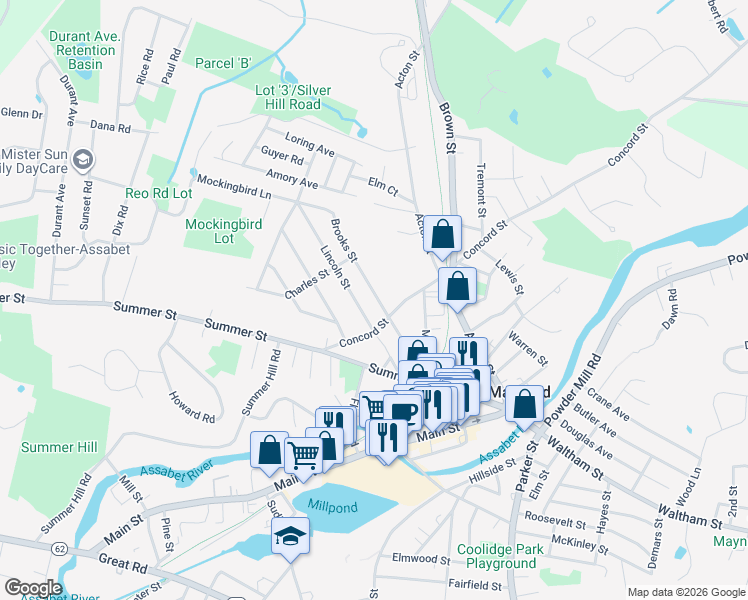 map of restaurants, bars, coffee shops, grocery stores, and more near 32 Brooks Street in Maynard