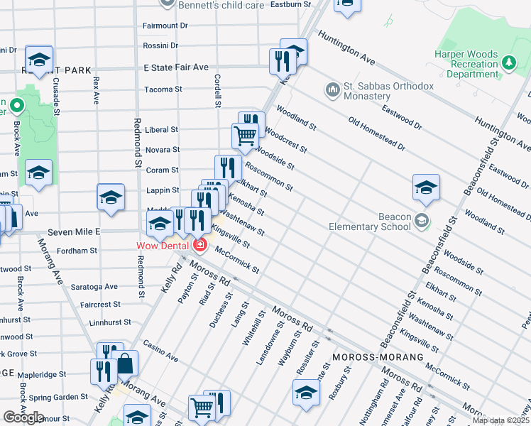 map of restaurants, bars, coffee shops, grocery stores, and more near 18721 Kenosha Street in Harper Woods