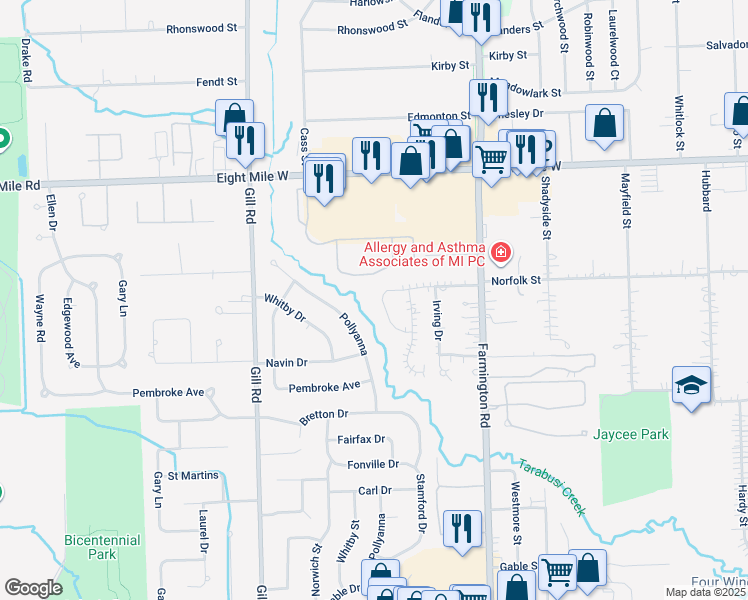 map of restaurants, bars, coffee shops, grocery stores, and more near 20161 Stamford Drive in Livonia