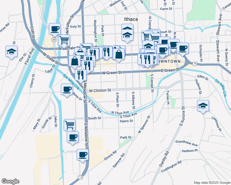map of restaurants, bars, coffee shops, grocery stores, and more near 406 South Plain Street in Ithaca