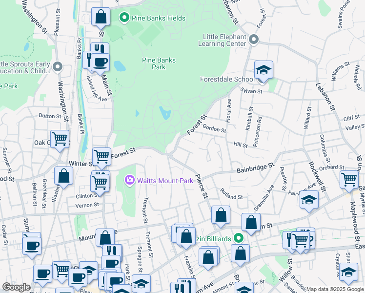 map of restaurants, bars, coffee shops, grocery stores, and more near 10 Rand Street in Malden