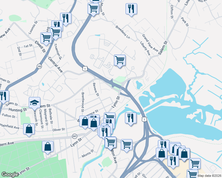 map of restaurants, bars, coffee shops, grocery stores, and more near 24 Delta Terrace in Malden