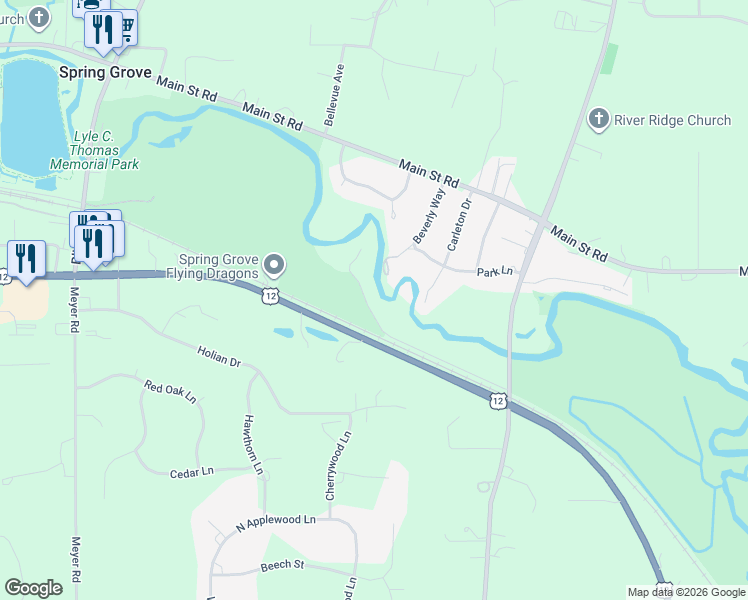 map of restaurants, bars, coffee shops, grocery stores, and more near 1410 Linden Road in Spring Grove