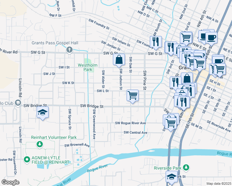 map of restaurants, bars, coffee shops, grocery stores, and more near 1013 Southwest L Street in Grants Pass
