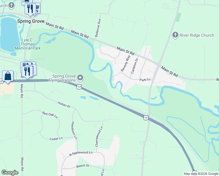 map of restaurants, bars, coffee shops, grocery stores, and more near 1410 Linden Road in Spring Grove