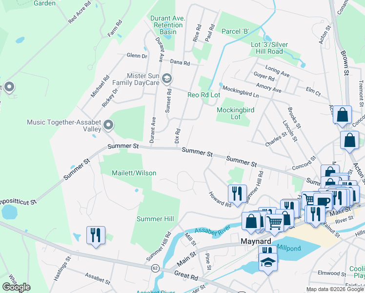map of restaurants, bars, coffee shops, grocery stores, and more near 153 Summer Street in Maynard