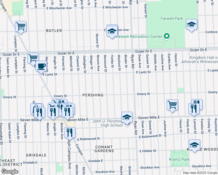 map of restaurants, bars, coffee shops, grocery stores, and more near 19350 Norwood Street in Detroit