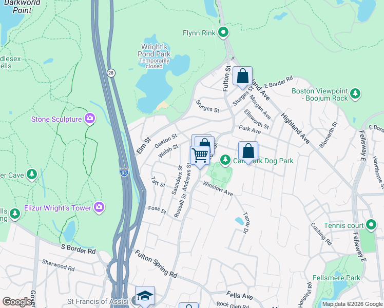 map of restaurants, bars, coffee shops, grocery stores, and more near 87 Andrews Street in Medford