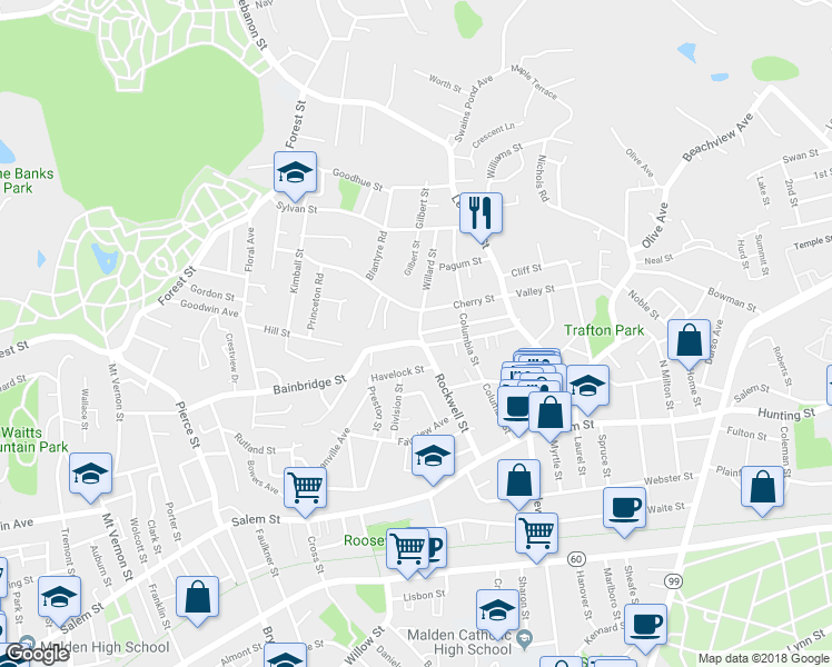 map of restaurants, bars, coffee shops, grocery stores, and more near 15-17 Bainbridge Street in Malden