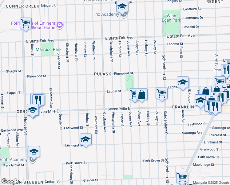 map of restaurants, bars, coffee shops, grocery stores, and more near 19214 Westphalia Street in Detroit