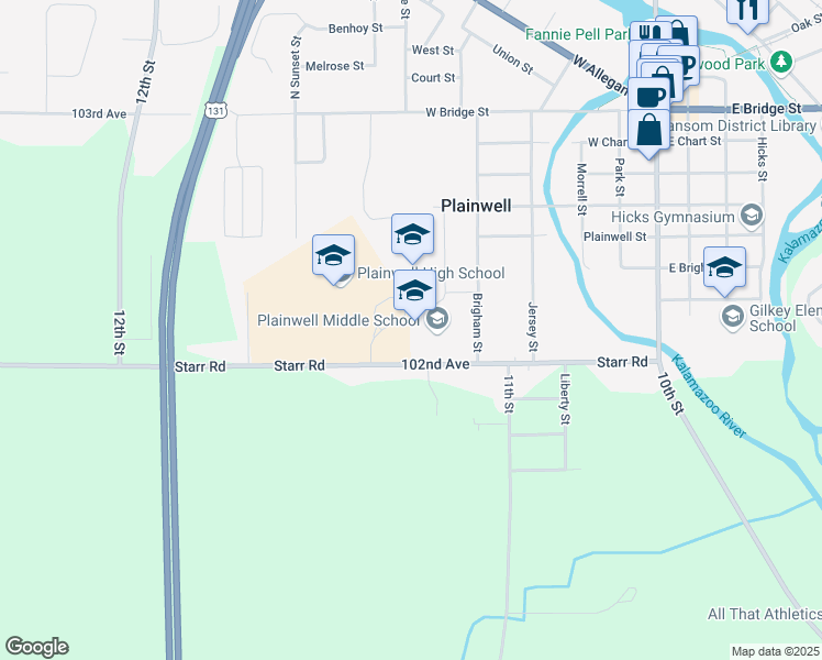 map of restaurants, bars, coffee shops, grocery stores, and more near 720 Brigham Street in Plainwell