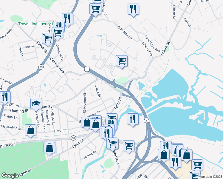 map of restaurants, bars, coffee shops, grocery stores, and more near 24 Delta Terrace in Malden