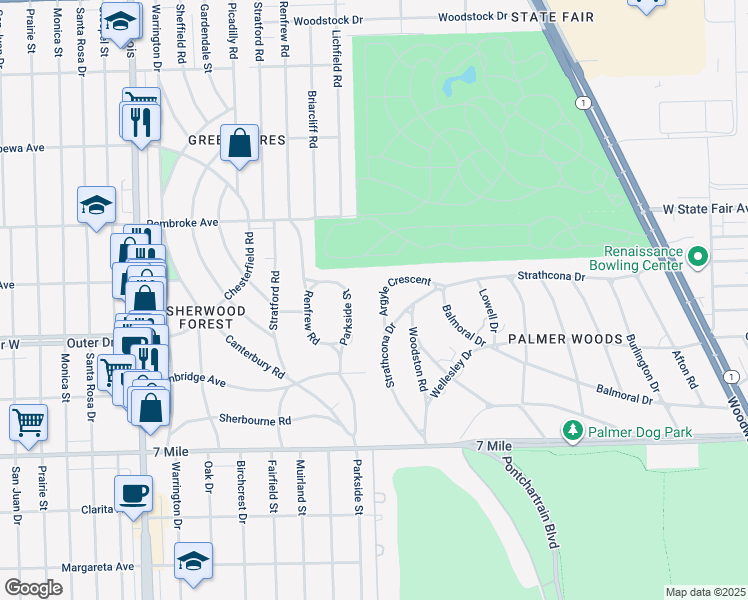 map of restaurants, bars, coffee shops, grocery stores, and more near 19451 Argyle Crescent in Detroit