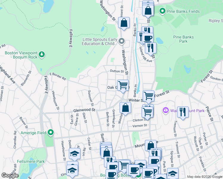 map of restaurants, bars, coffee shops, grocery stores, and more near 72 Wyoming Avenue in Malden