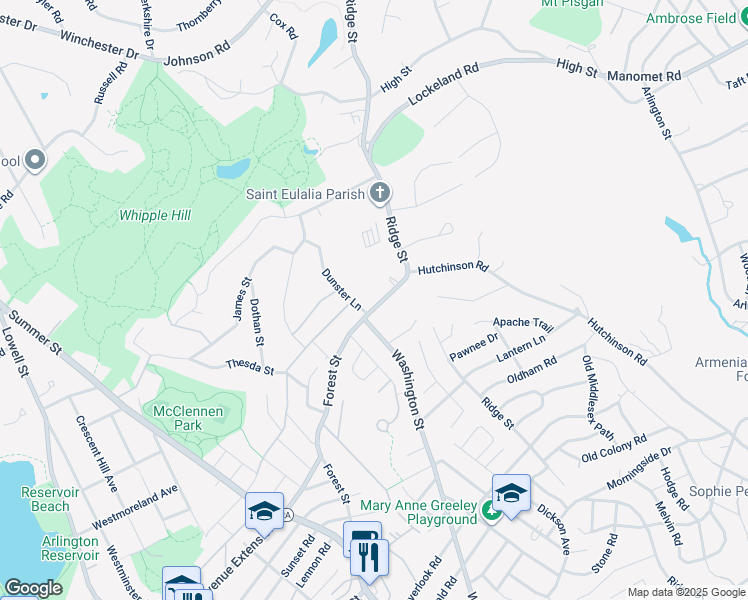 map of restaurants, bars, coffee shops, grocery stores, and more near 6 Ridge Street in Winchester