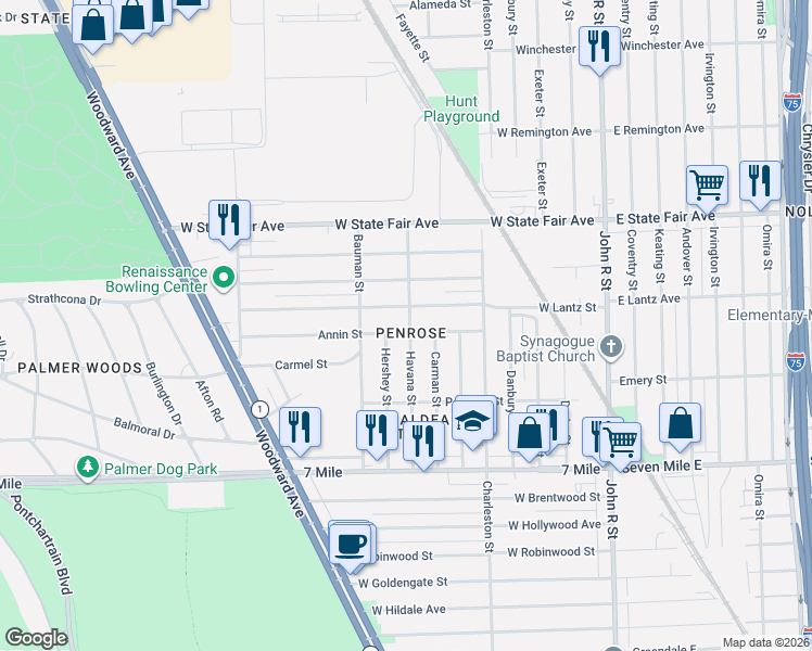 map of restaurants, bars, coffee shops, grocery stores, and more near 708 Annin Street in Highland Park