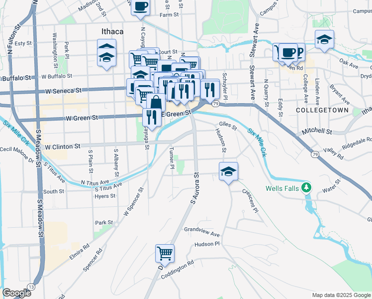 map of restaurants, bars, coffee shops, grocery stores, and more near 213 Pleasant Street in Ithaca