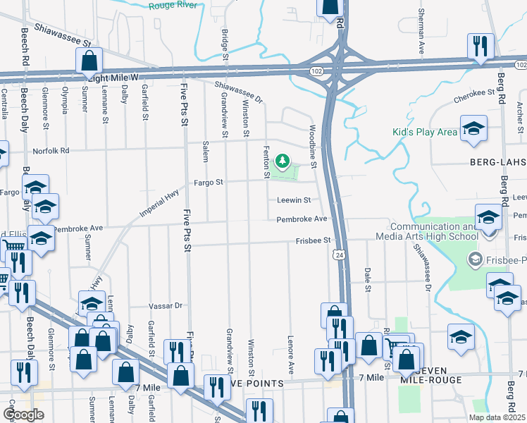 map of restaurants, bars, coffee shops, grocery stores, and more near 19913 Fenton Street in Detroit