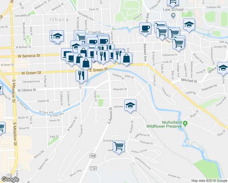 map of restaurants, bars, coffee shops, grocery stores, and more near 307 Pleasant Street in Ithaca