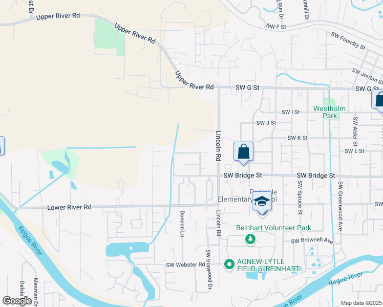 map of restaurants, bars, coffee shops, grocery stores, and more near 2173 Southwest Judy Lane in Grants Pass