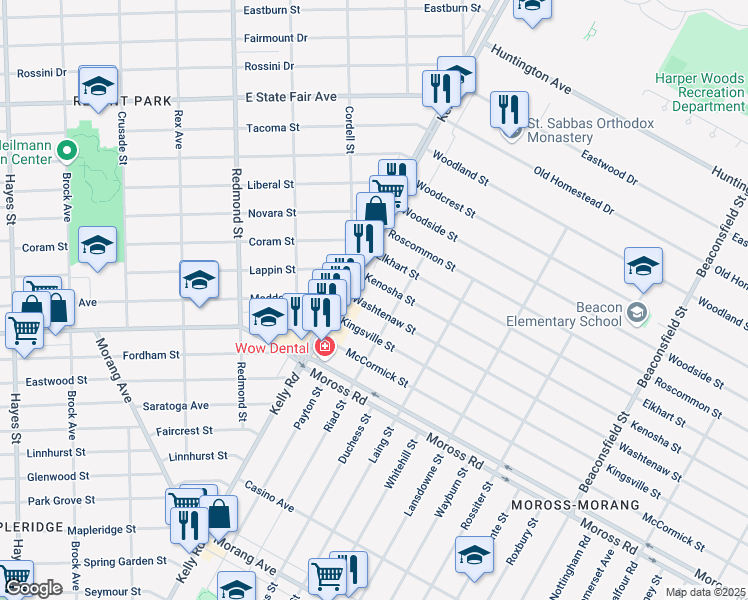 map of restaurants, bars, coffee shops, grocery stores, and more near 18557 Washtenaw Street in Harper Woods