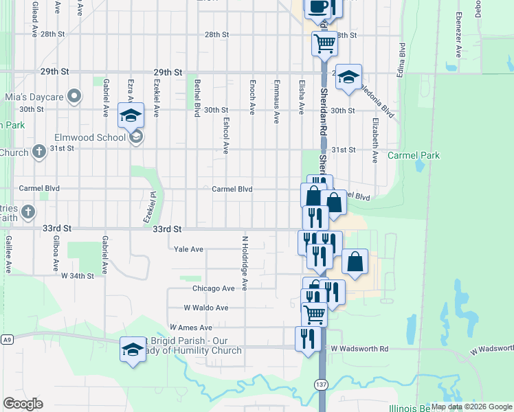 map of restaurants, bars, coffee shops, grocery stores, and more near 3217 Enoch Avenue in Zion