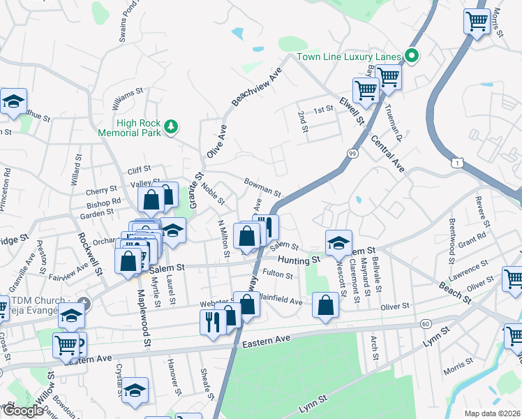 map of restaurants, bars, coffee shops, grocery stores, and more near 57 Durso Avenue in Malden