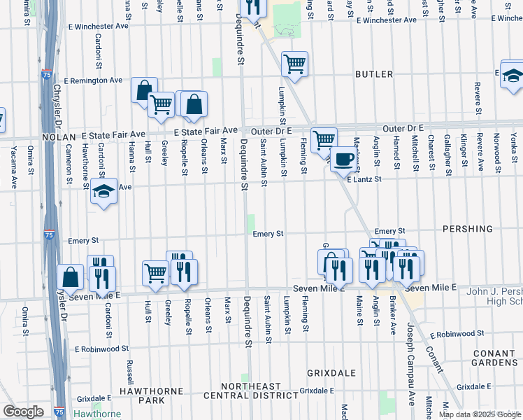 map of restaurants, bars, coffee shops, grocery stores, and more near 19375 Saint Aubin Street in Detroit