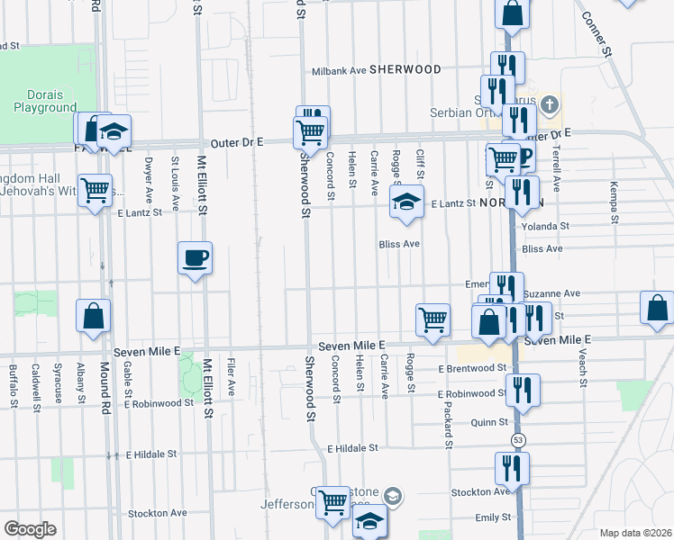 map of restaurants, bars, coffee shops, grocery stores, and more near 19340 Concord Street in Detroit