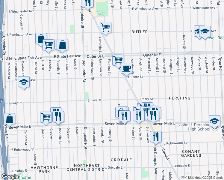 map of restaurants, bars, coffee shops, grocery stores, and more near 19370 Fleming Street in Detroit