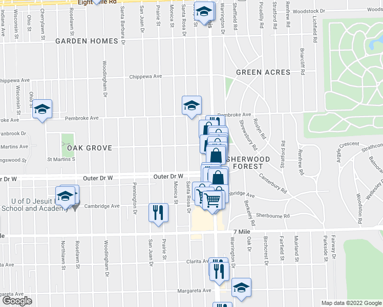 map of restaurants, bars, coffee shops, grocery stores, and more near 19474 Santa Rosa Drive in Detroit
