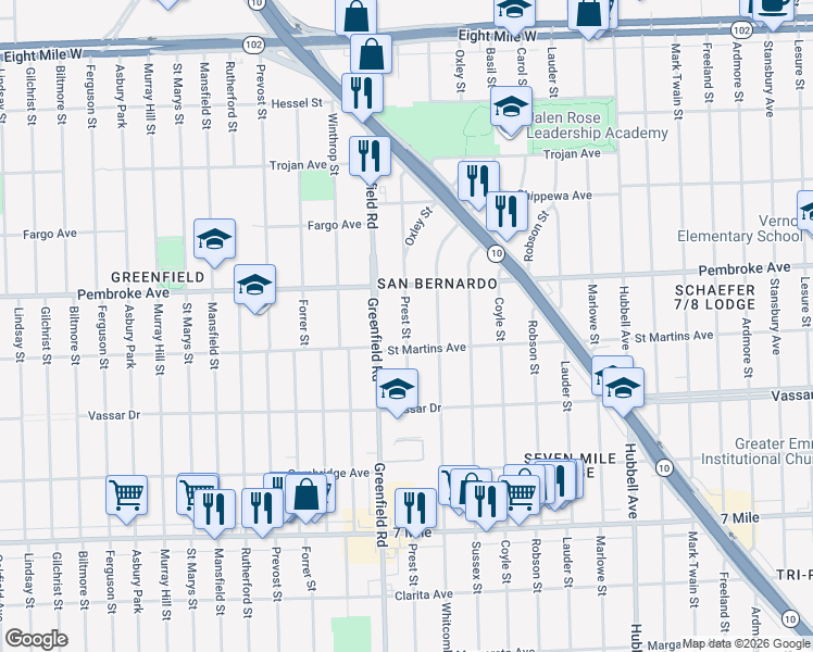 map of restaurants, bars, coffee shops, grocery stores, and more near 19745 Prest St in Detroit