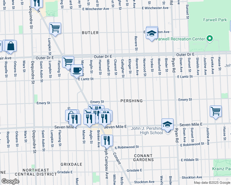 map of restaurants, bars, coffee shops, grocery stores, and more near 19363 Charest Street in Detroit