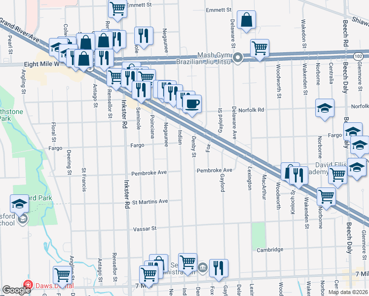 map of restaurants, bars, coffee shops, grocery stores, and more near 19982 Indian in Redford Charter Township
