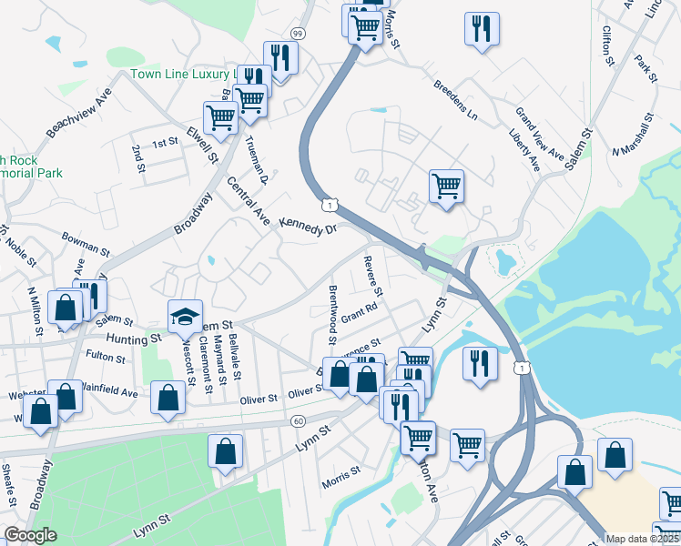 map of restaurants, bars, coffee shops, grocery stores, and more near 1299 Salem St in Malden