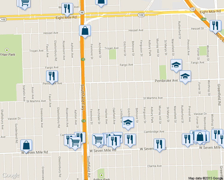 map of restaurants, bars, coffee shops, grocery stores, and more near 19765 Oakfield Avenue in Detroit