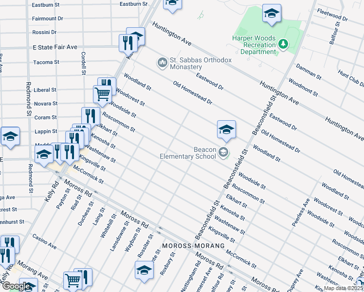 map of restaurants, bars, coffee shops, grocery stores, and more near 19144 Woodside Street in Harper Woods