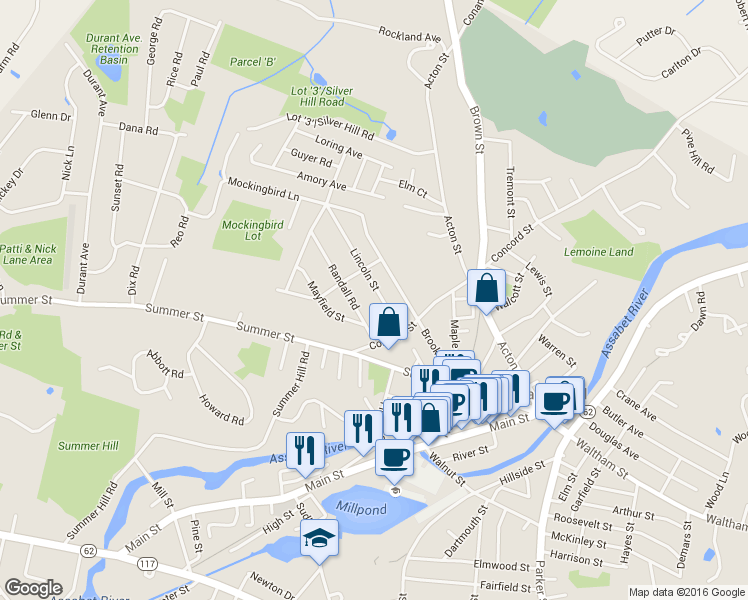map of restaurants, bars, coffee shops, grocery stores, and more near 12 Lincoln Street in Maynard