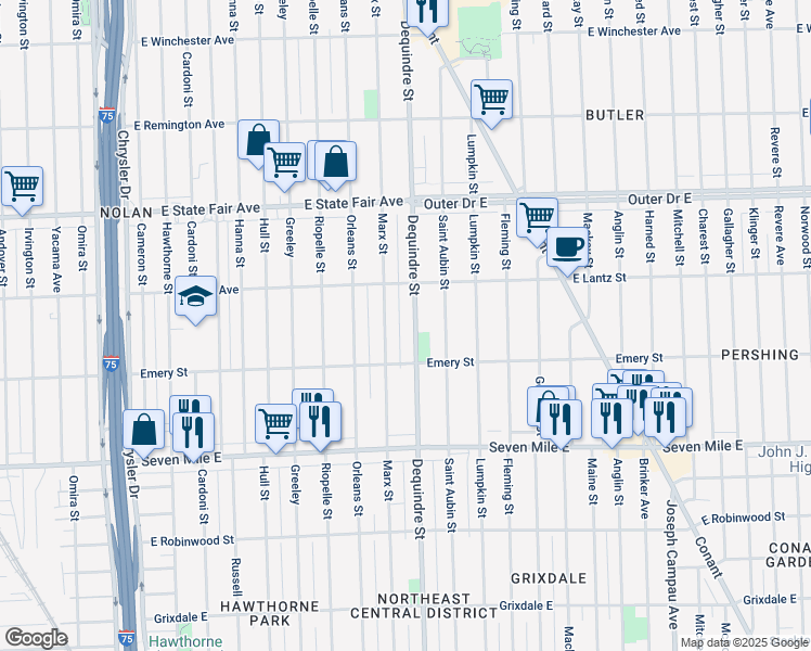 map of restaurants, bars, coffee shops, grocery stores, and more near 19377 Dequindre Street in Detroit