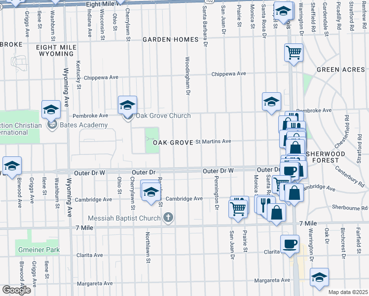 map of restaurants, bars, coffee shops, grocery stores, and more near 19489 Woodingham Dr in Detroit