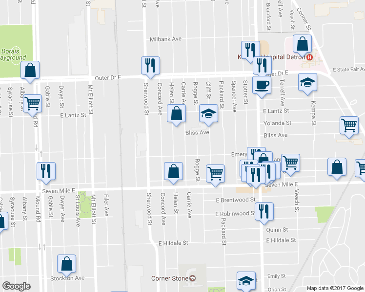 map of restaurants, bars, coffee shops, grocery stores, and more near 19339 Carrie St in Detroit