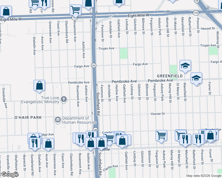 map of restaurants, bars, coffee shops, grocery stores, and more near 19770 Archdale Street in Detroit