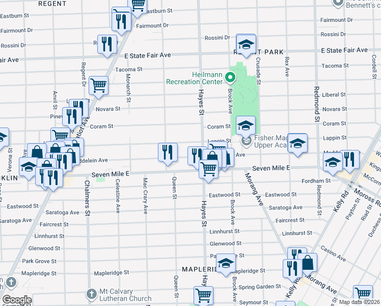 map of restaurants, bars, coffee shops, grocery stores, and more near 15003 Maddelein Street in Detroit