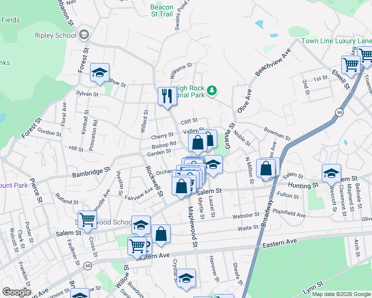 map of restaurants, bars, coffee shops, grocery stores, and more near 155 Lebanon Street in Malden