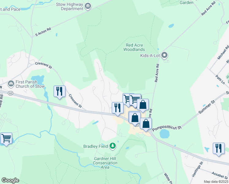 map of restaurants, bars, coffee shops, grocery stores, and more near 9G Faxon Drive in Stow